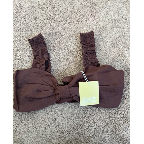Charlie Holiday Tops - Charlie Holiday Diana Chocolate Brown Linen Blend Smocked Bow Crop Top S (4) NEW
